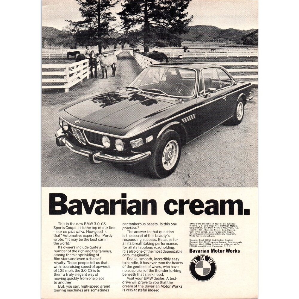 1973 BMW 3.0 CS Luxury Sports Coupe Vintage Print Ad Equestrian Horse Farm Art